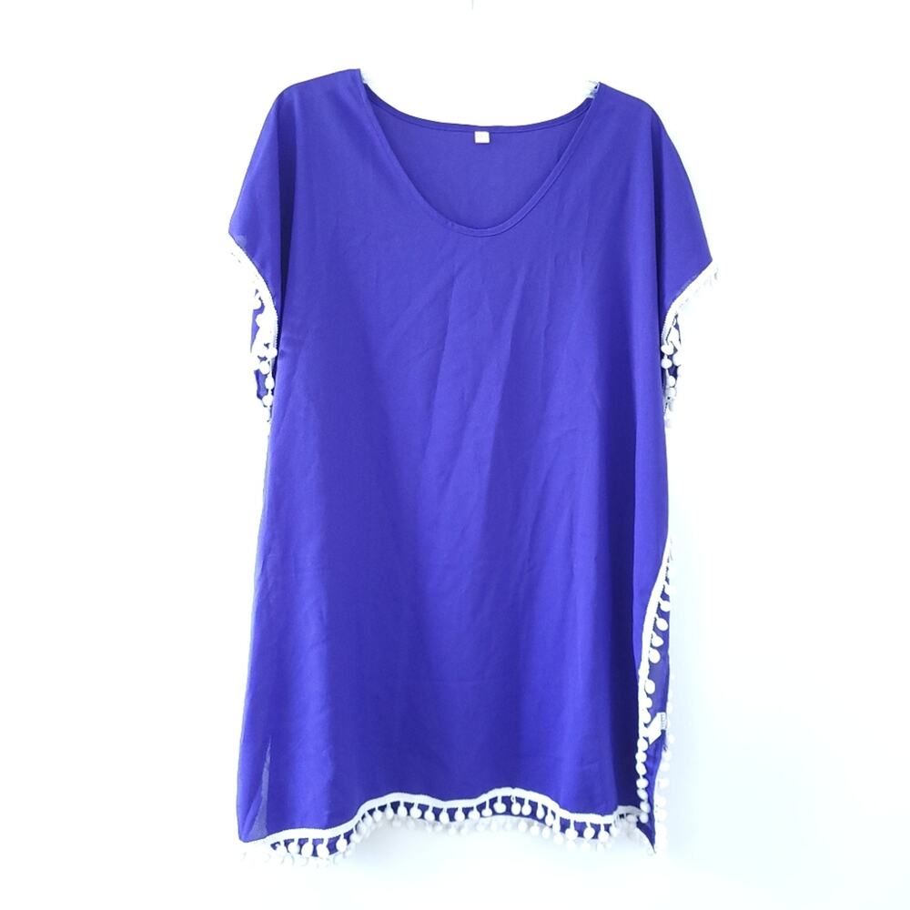 Swimsuit Coverup Purple, White Pom Pom Trim Fits Like Small/Medium
